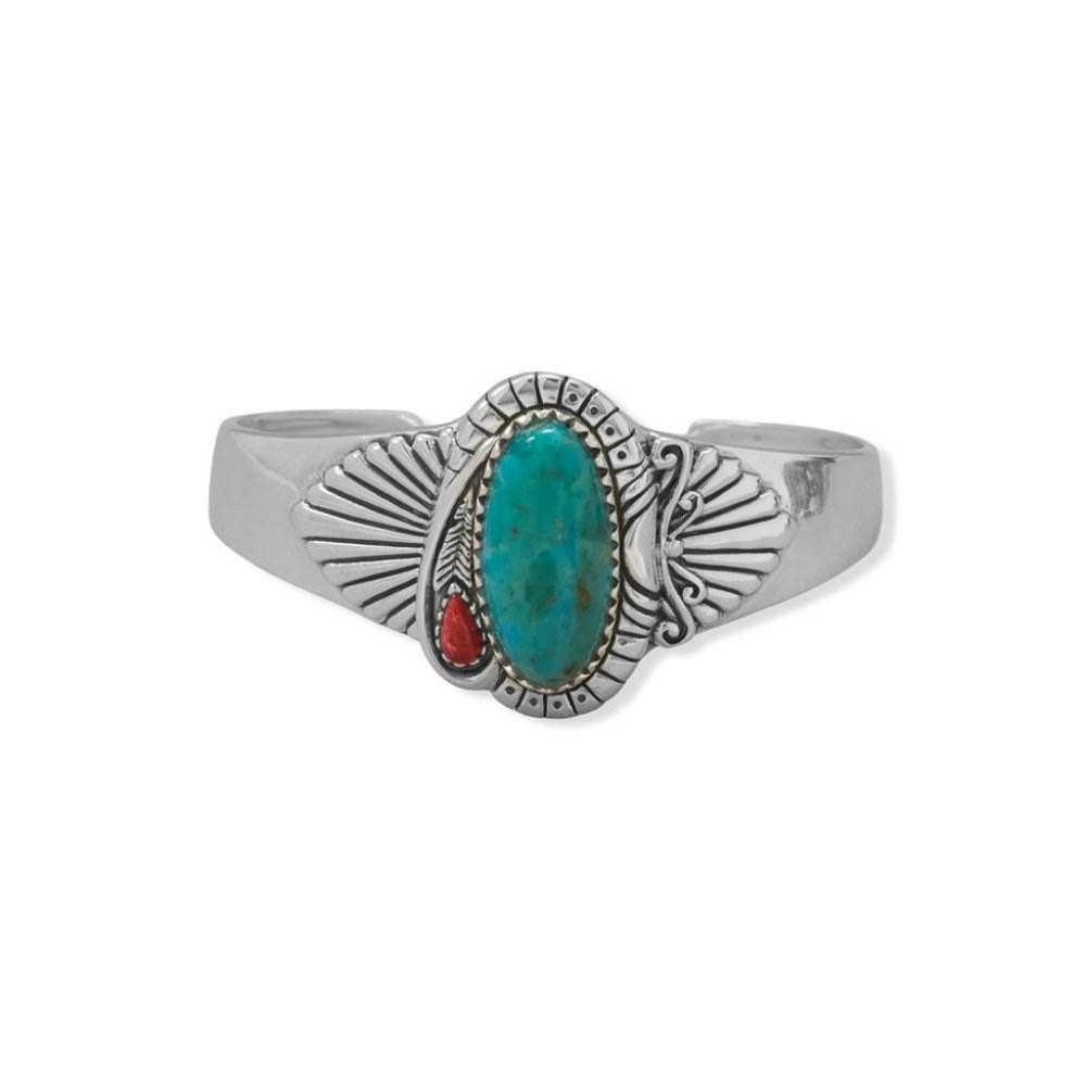Turquoise and Sponge Coral Fan Design Cuff Bracelet - Picture 1 of 2